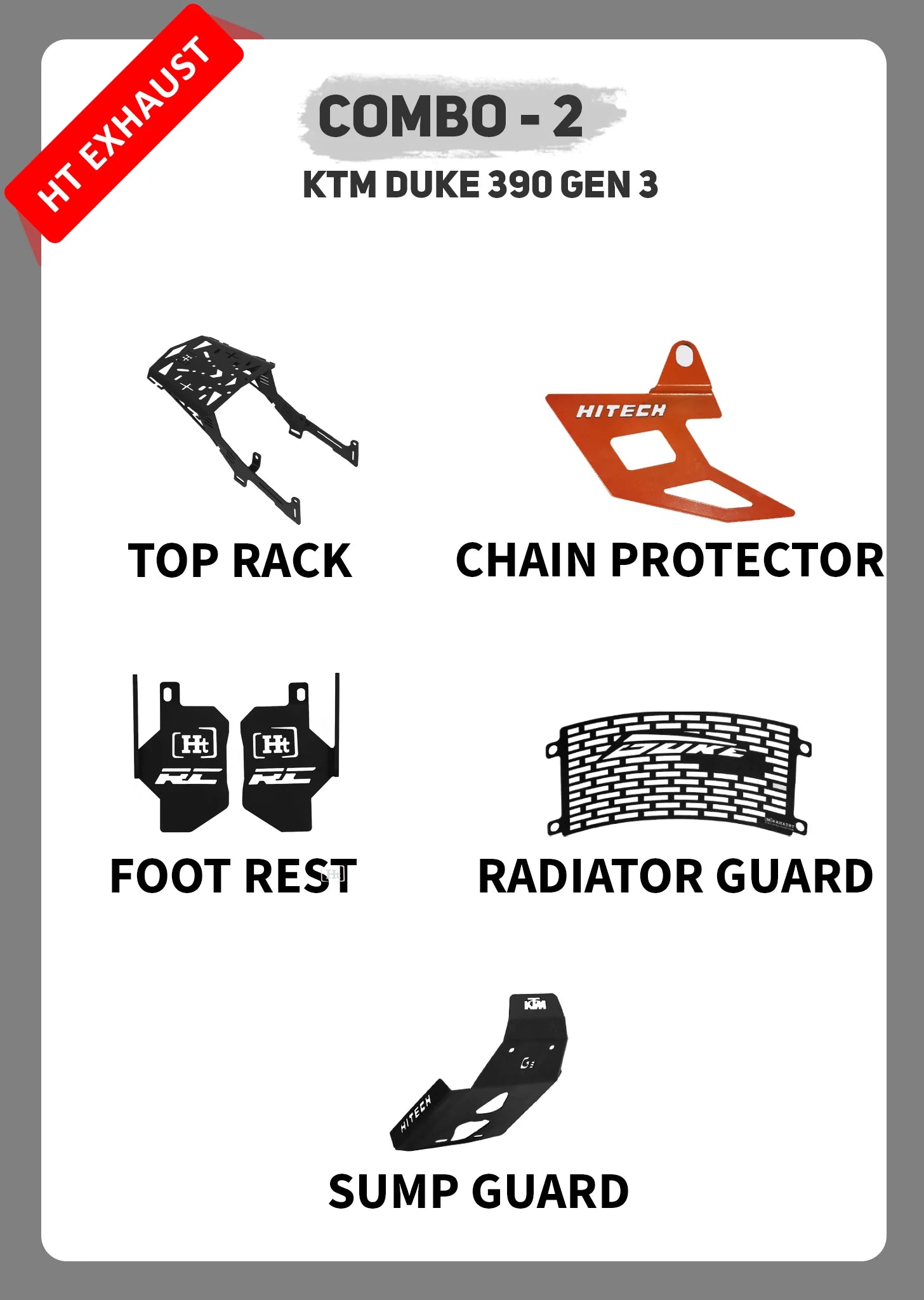 COMBO 2 DUKE GEN 3 TOP RACK + CHAIN PROTECTOR + FOOTREST + RADIATOR GU